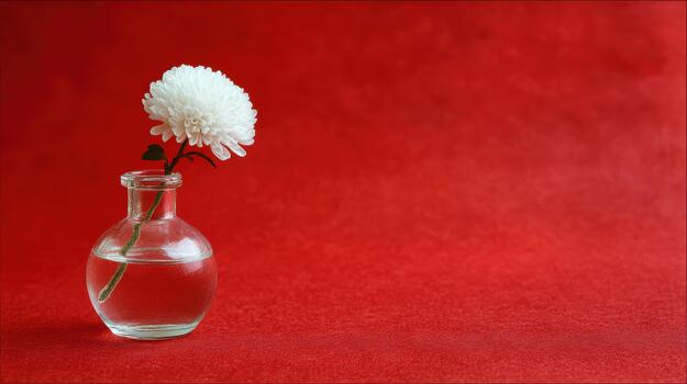 Simple white flower in clear vase on red background photo