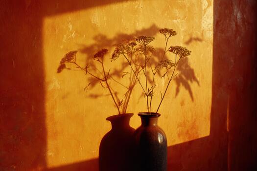 Sunlight casting shadows of vases with flowers on walls photo