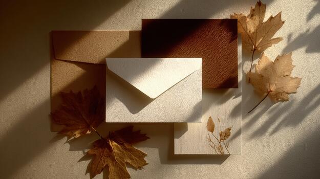 Fall-themed envelopes and leaves create a cozy atmosphere photo