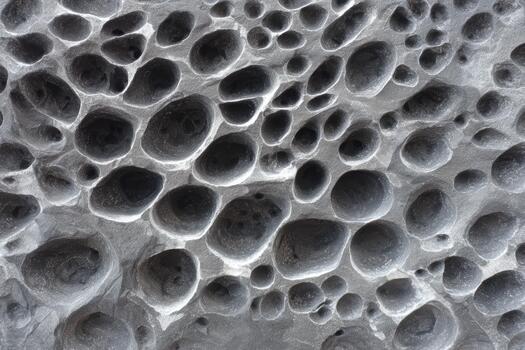 Unique dark volcanic rock formation with circular features photo