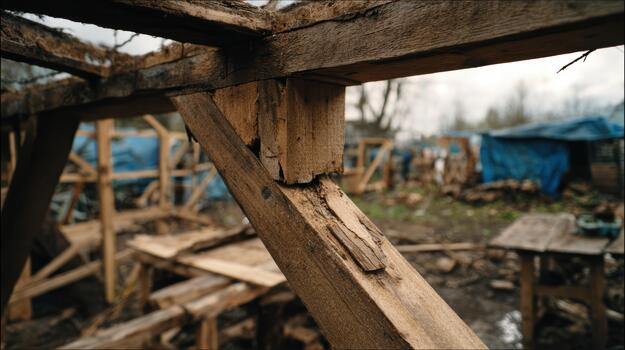 Wooden structure being built in a construction area photo