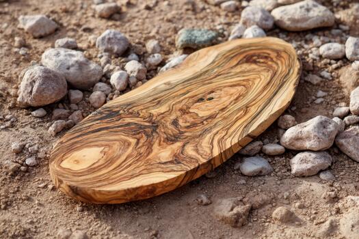 Wooden board rests on pebbles in natural setting photo