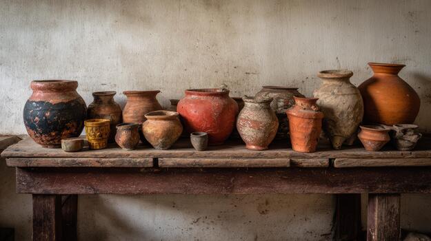 Traditional clay pots displayed on a wooden table photo
