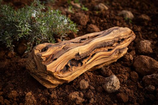 Unique wooden piece resting on soil in natural setting photo