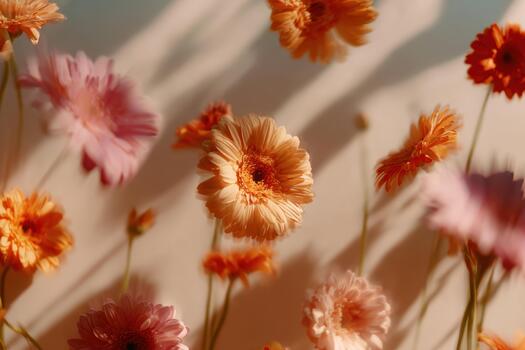 Vibrant flowers casting soft shadows on a simple background photo