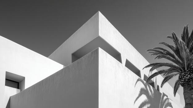 moderno blanco arquitectura con palma árbol en brillante luz de sol foto