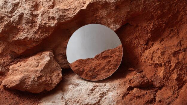 Reflective circle displayed on textured earth surface photo