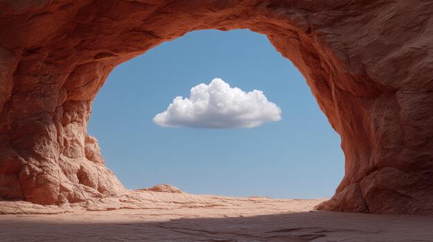 Rustic cave view under a bright sky with a single cloud photo