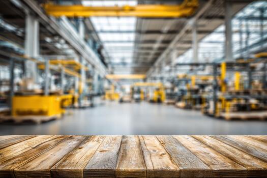 Wide view of a busy factory floor with equipment and tools photo