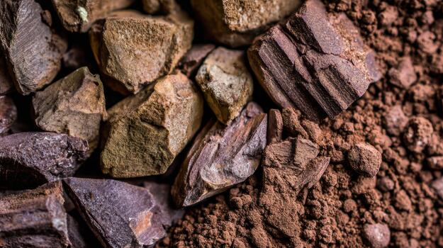 explorador crudo cacao en diverso formas y texturas foto