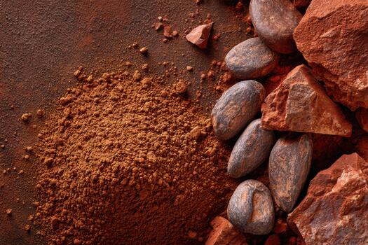 cacao frijoles y polvo en un rústico marrón superficie foto