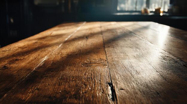 calentar de madera mesa superficie con suave ligero en un acogedor espacio foto