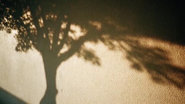 Tree shadow cast on a textured wall at sunset photo