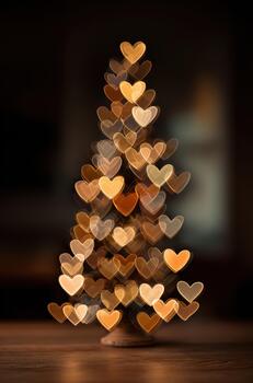 Heart-shaped lights create a warm holiday tree scene photo