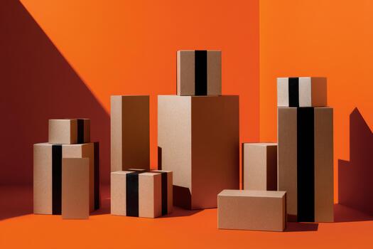 Cardboard boxes stacked on bright orange background photo