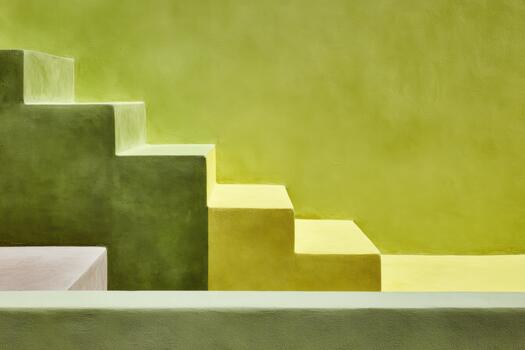Colorful abstract stairs leading into a soft green space photo