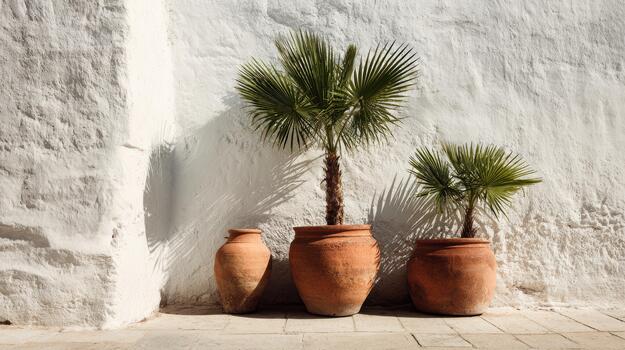 Pots with palm trees against a white wall in a sunny setting photo