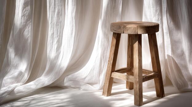 Simple wooden stool near white curtains in soft light photo