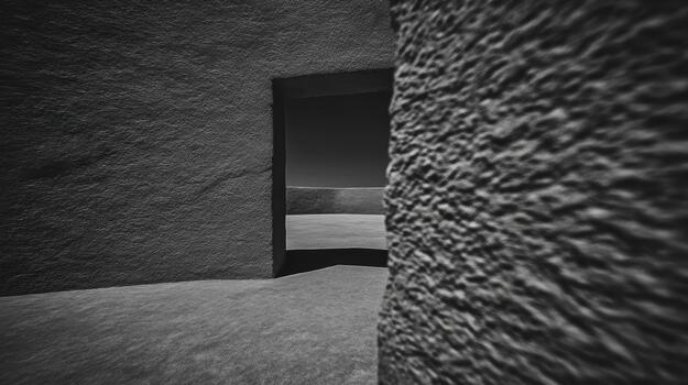 View through a textured doorway into a vast landscape photo