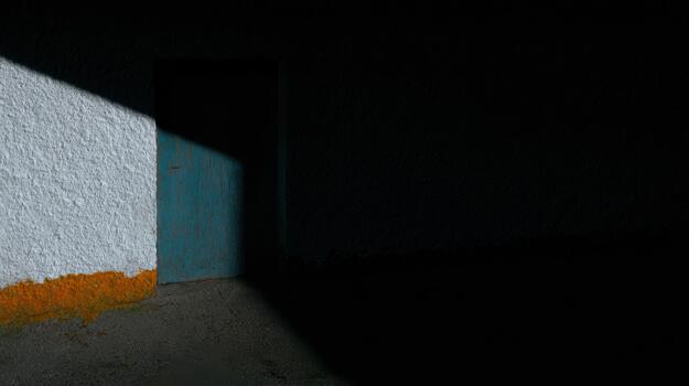 Light and shadow play on a rustic door at dusk photo