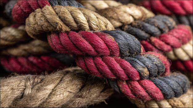 Colorful ropes intertwined in a close-up view photo