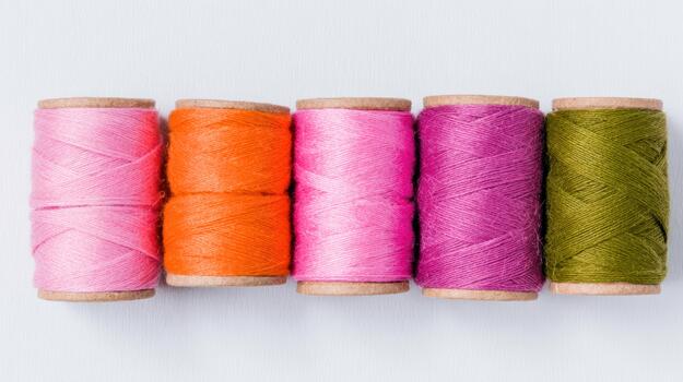 Colorful collection of sewing thread spools lined up photo