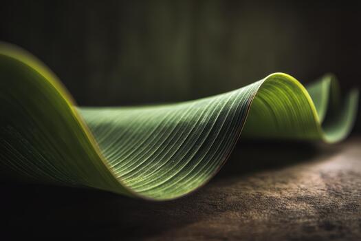 Curved green leaf resting on a wooden surface photo