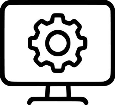 simple outline icon of a gear on a monitor screen representing technical support system settings or computer configuration vector
