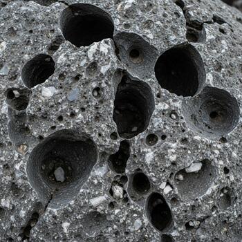 Close up abstract view of porous rock texture with dark circular voids and speckled mineral inclusions creating a unique geological pattern photo