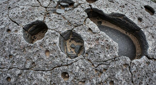 Close up view of weathered rock formations with visible layers and cracks showcasing natural geological textures and patterns photo
