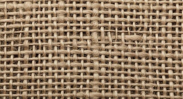 Close up view of a textured woven fabric with a natural beige color and visible fibers creating a rustic pattern photo