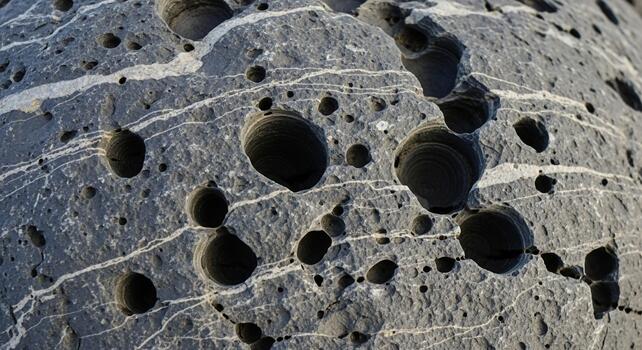 Abstract close up of textured surface with dark circular and oval shapes creating a unique organic pattern photo