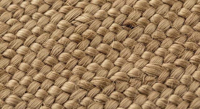 Close up view of a woven natural fiber mat with subtle hints of pink and green showcasing its textured surface and intricate weave pattern photo