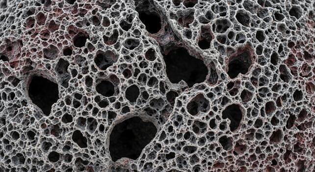 Microscopic view of a porous material revealing intricate cellular structures and interconnected voids with a dark background photo