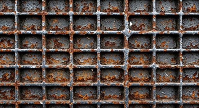 Close up abstract view of a weathered and rusted metal grate with square openings showing decay and texture photo