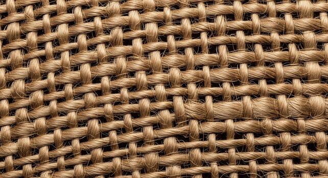 Close up macro view of a woven burlap fabric texture showcasing its rough natural fibers and interlaced pattern photo