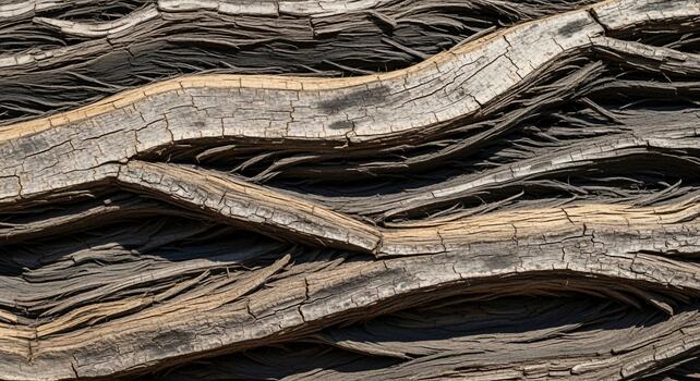 Close up view of deeply textured weathered bark with undulating ridges and valleys creating a natural abstract pattern photo