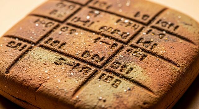 Close up macro view of a textured golden brown bread roll with a grid pattern and stamped markings photo