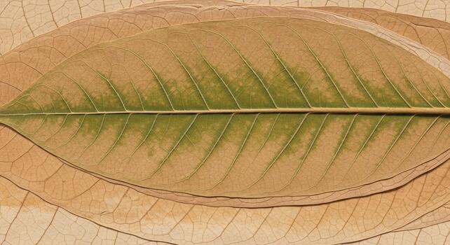 Close up view of a dried banana leaf with intricate vein patterns and subtle green coloration against a textured background photo