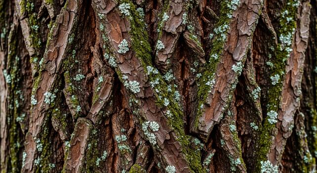 Close up textured view of rough reddish brown tree bark with patches of green moss and lichen photo