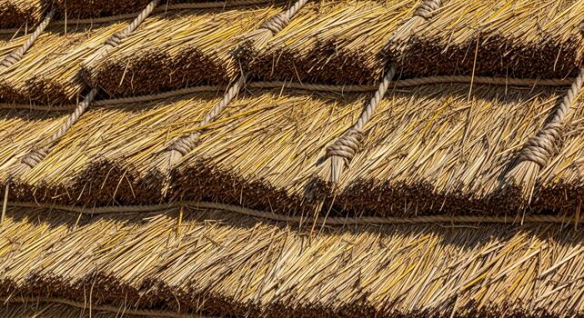 Close up view of stacked hay bales with visible texture and natural light creating shadows and highlights photo