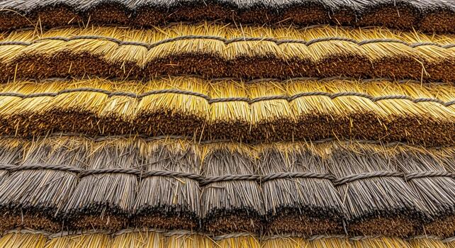 Close up view of a thatched roof showcasing the intricate layers of natural dried straw and reeds creating a textured pattern photo
