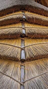 Close up view of a traditional thatched roof showing layered straw and wooden support beams creating a rustic texture photo