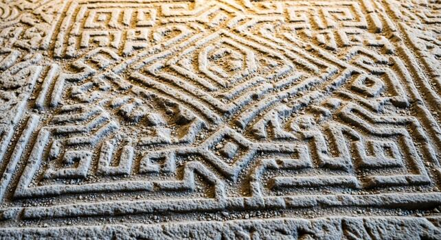 Aerial view of a vast stone maze with tiny figures navigating its intricate pathways and complex design photo
