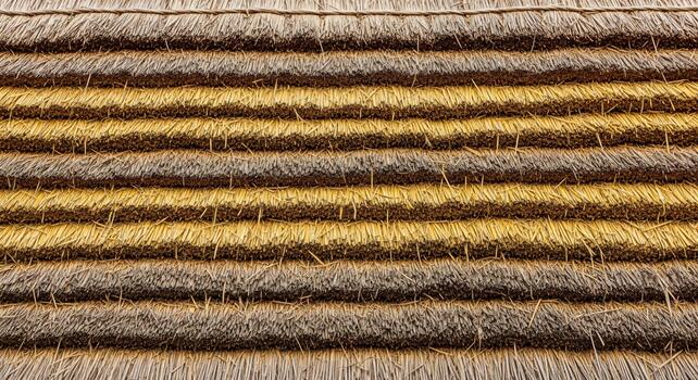 Close up view of a thatched roof showing the layered texture and natural color variations of dried grasses and reeds photo