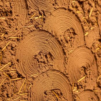 Close up view of a textured wall featuring circular patterns and embedded straw in a rustic earthy material photo