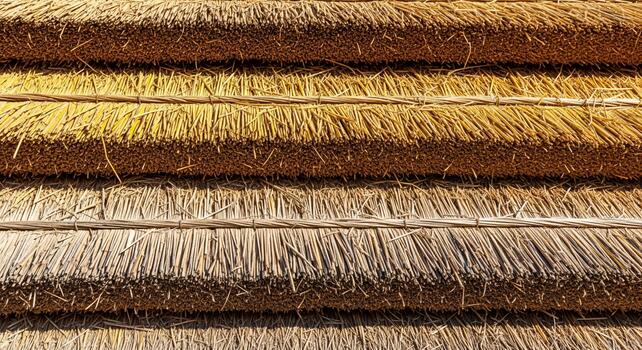 Close up texture of a thatched roof showing the layered natural straw and reeds creating a rustic and warm building material photo