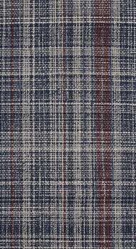 Close up texture of a woven fabric with a subtle plaid pattern featuring dark blue and white threads and a single vertical red stripe photo