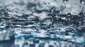 Close up of water droplets creating a crown shape on a surface with ripples and more drops video