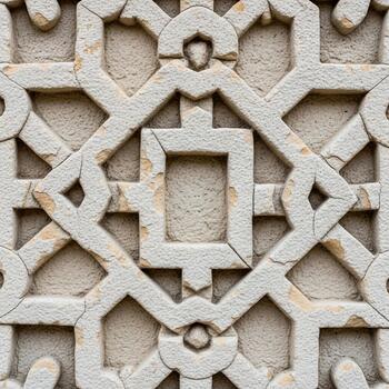 Intricate geometric stone carving showcases a repeating pattern of interlocking squares and octagons with a textured background photo